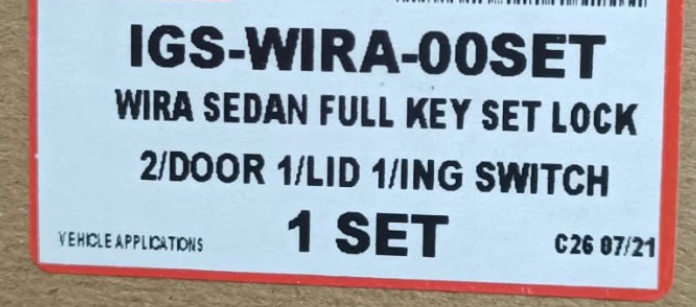 Proton Wira / Persona  Sedan & Aeroback / Satria / Arena / Jumbuck Ignition, door and boot key barrel lock set